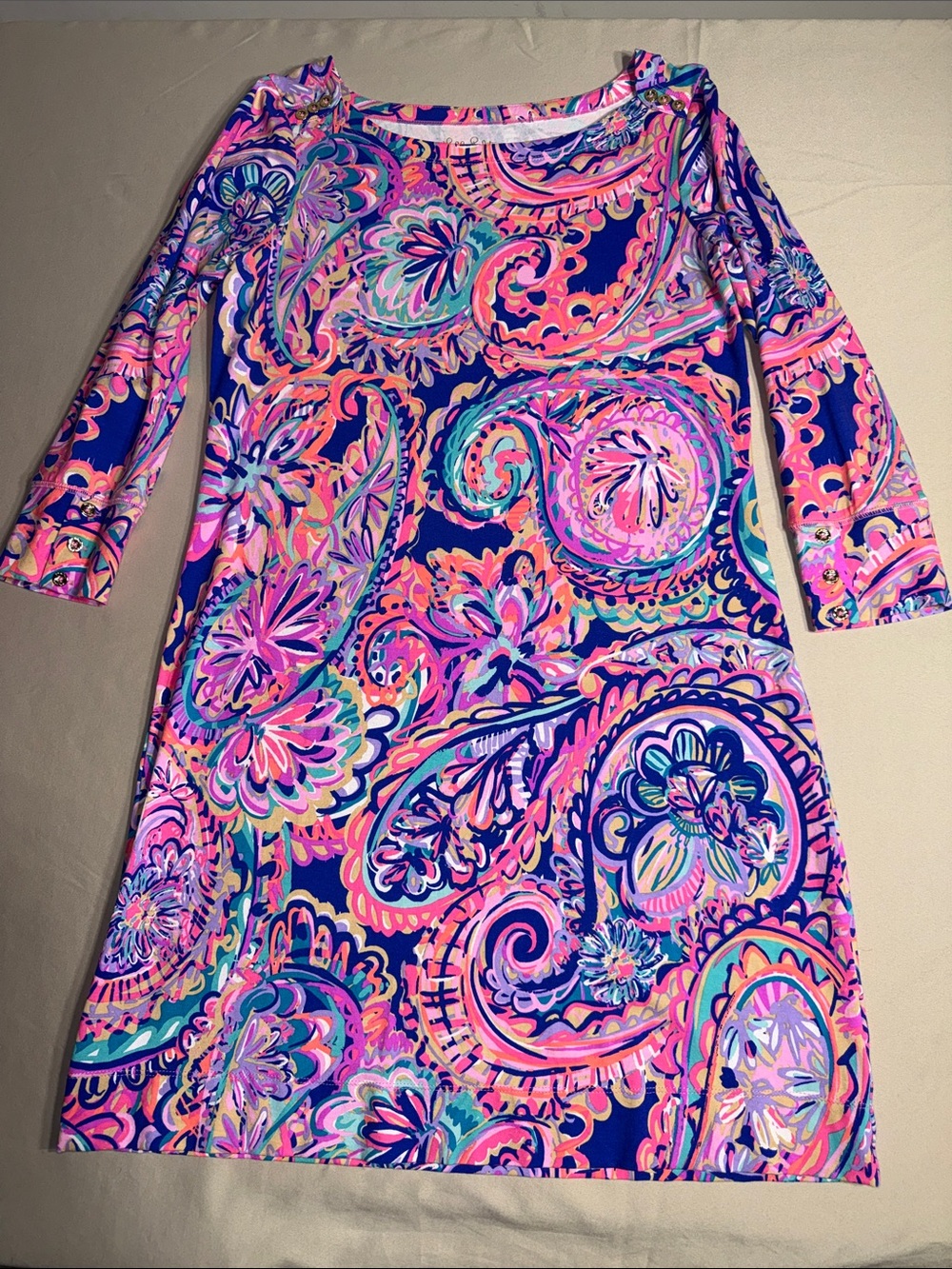Lilly Pulitzer Marlowe Dress Size M Pink Blue Paisley 3/4 Sleeve Shift